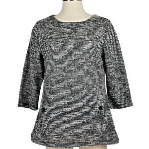 Carolyn Taylor Sweater Top Knit Pullover ¾ Sleeve Kangaroo Pocket Black/White L